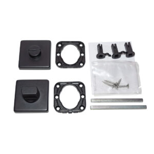 Matte black thumb lock kit with square rosette and mounting hardware