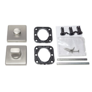 satin nickel thumb lock kit with square rosette and mounting hardware