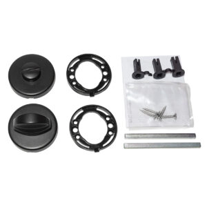 Matte black thumb lock kit with round rosette and mounting hardware