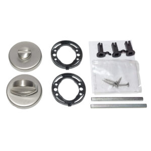 Satin Nickel thumb lock kit with round rosette and mounting hardware