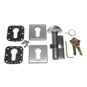 Satin Nickel cylinder lock kit with square rosette, hardware and keys