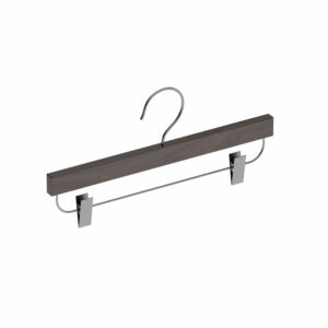 brown clothes hanger with two clips for skirts