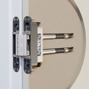 Self closing door hinge mounted on a door in a slice view with springs exposed