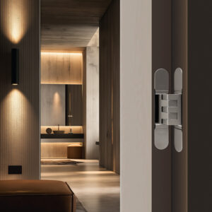 Hidden door hinge mounted with high end bathroom in the background